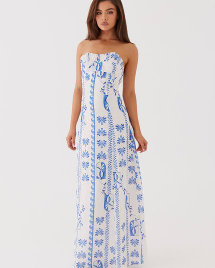 Vestido maxi floral de verano sin tirantes con fruncidos y corte en A para mujer