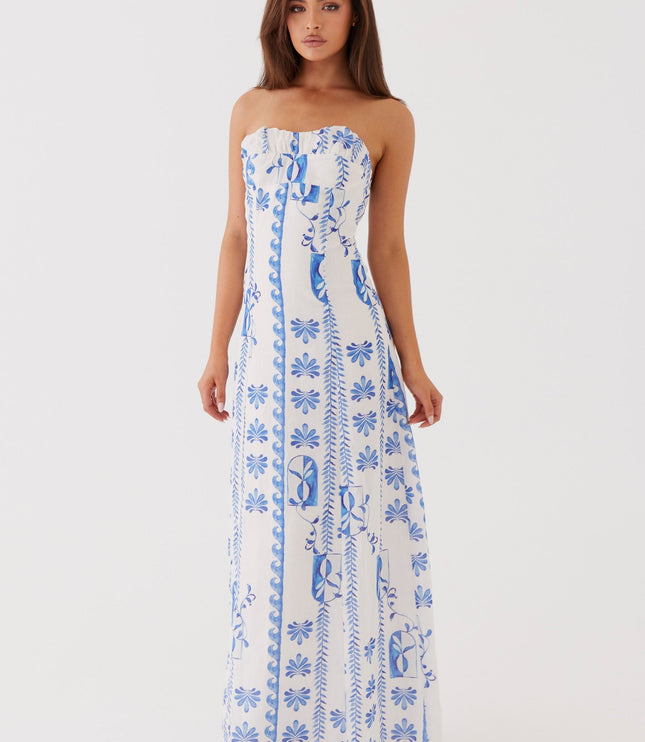 Vestido maxi floral de verano sin tirantes con fruncidos y corte en A para mujer