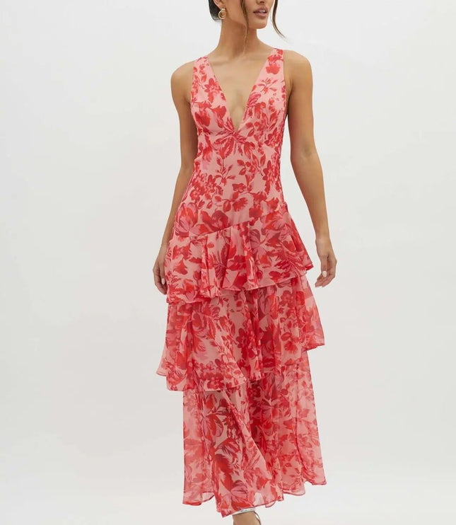 Pink floral V neck maxi dress with sleeveless fit and layered ruffle skirt