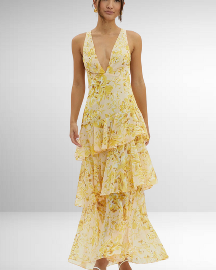 Yellow floral V neck maxi dress with sleeveless bodice and tiered ruffle layers