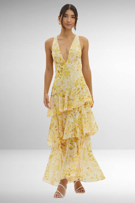 Yellow floral V neck maxi dress with sleeveless bodice and tiered ruffle layers