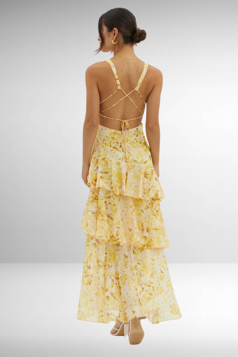 Back view of yellow floral maxi dress with crisscross straps and open back detail