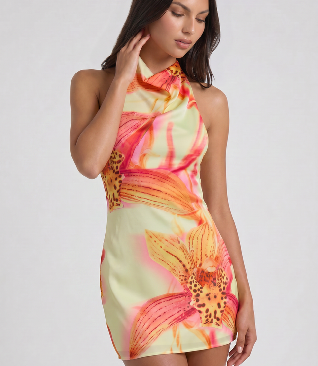 Vestido mini floral de verano con escote en V para fiesta de cóctel mujer