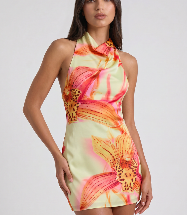 Vestido mini floral de verano con escote en V para fiesta de cóctel mujer