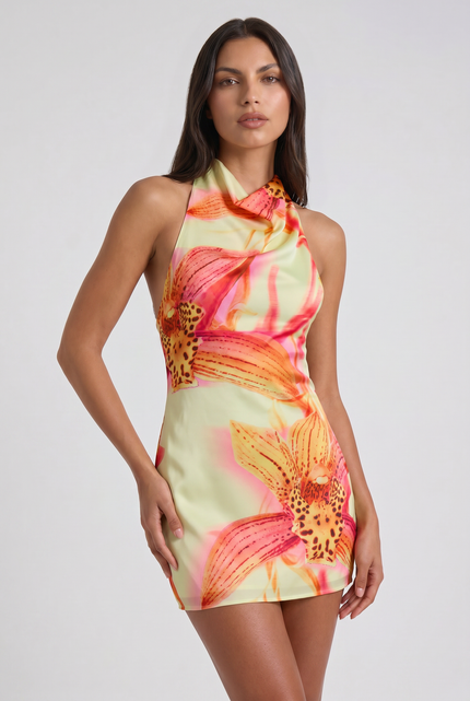 Vestido mini floral de verano con escote en V para fiesta de cóctel mujer