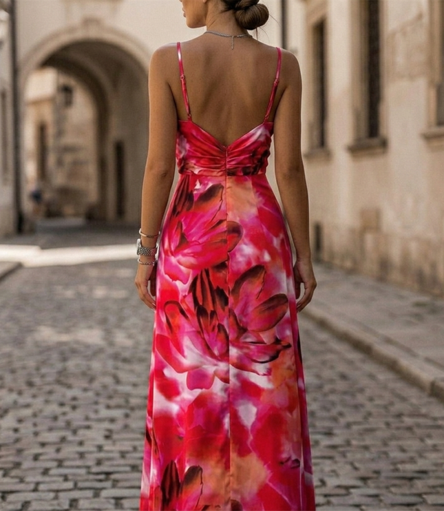 Back view of women's floral maxi dress with straps and open low back