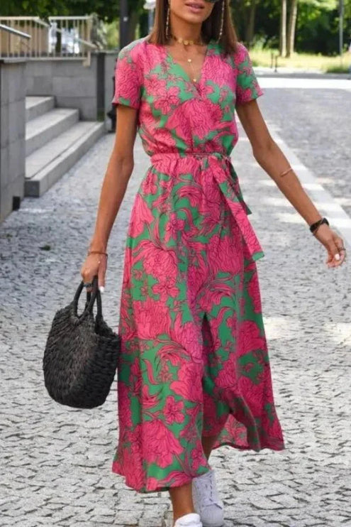 Women's summer floral V neck midi dress with pink and green print, short sleeves, and tie waist