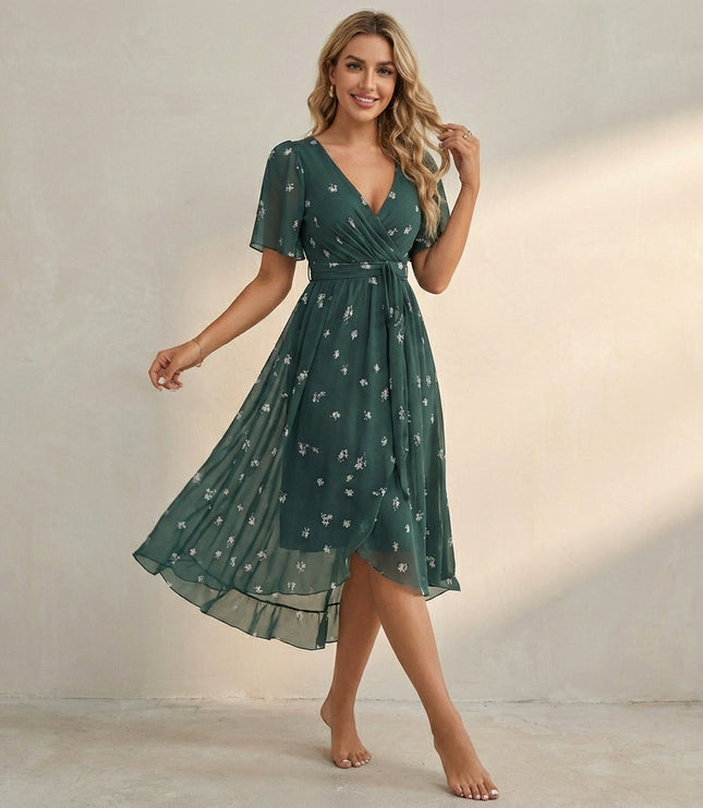 Dark green floral V neck mini dress with short sleeves and wrap waist detail