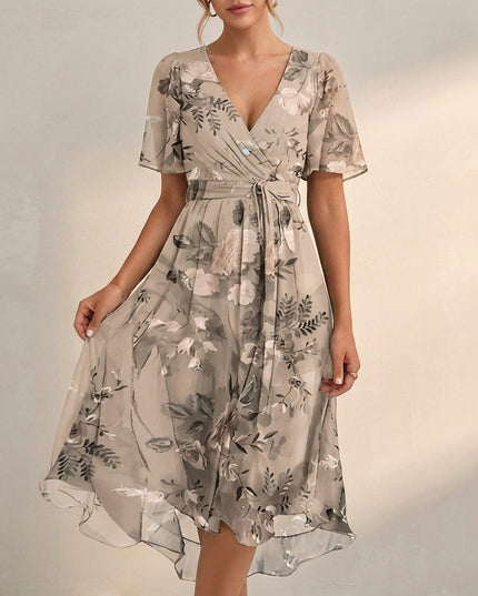 Beige floral V neck mini dress with tie waist and sheer flutter sleeves