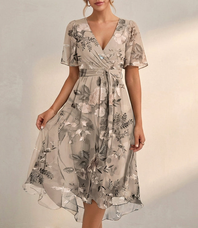 Beige floral V neck mini dress with tie waist and sheer flutter sleeves