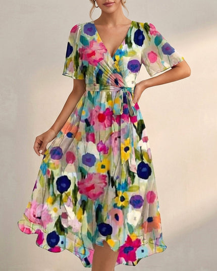 Colorful floral V neck mini dress with short sleeves, tie waist, and flowing skirt