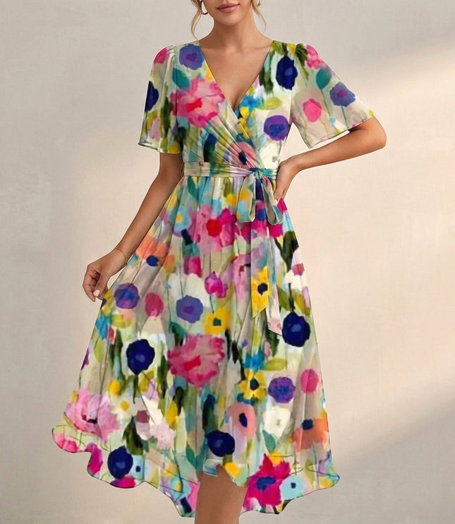Colorful floral V neck mini dress with short sleeves, tie waist, and flowing skirt