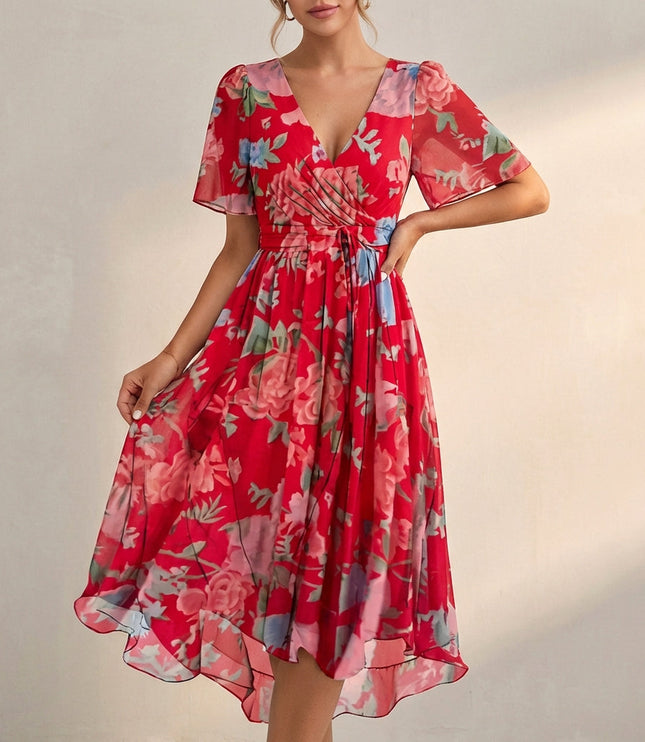 Red floral V neck mini dress with flutter sleeves and flowy chiffon skirt