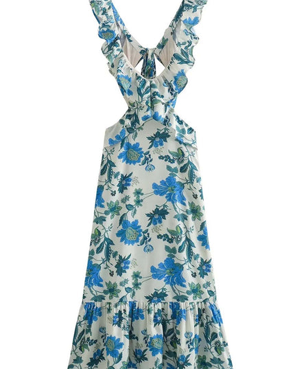 Blue floral V neck maxi dress on white background, ruffle straps and tiered skirt