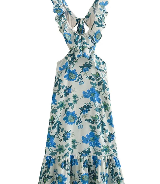 Blue floral V neck maxi dress on white background, ruffle straps and tiered skirt