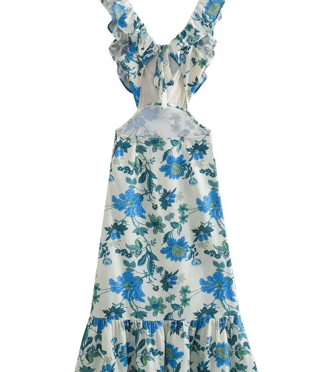 Back of blue floral V neck maxi dress showing open back and tie detail on white
