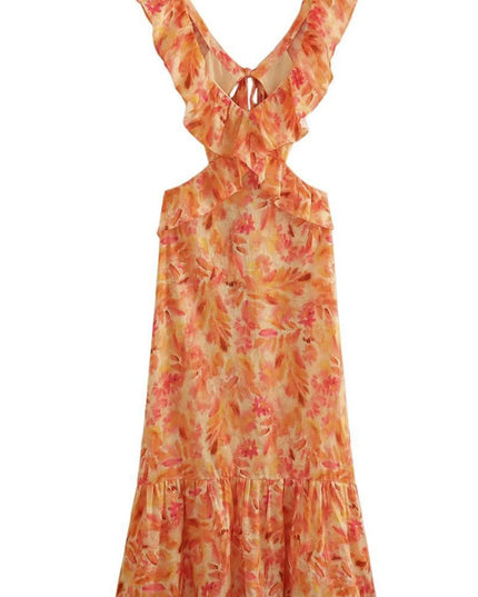 Orange floral V neck maxi dress on white background with ruffle sleeves and tiered hem