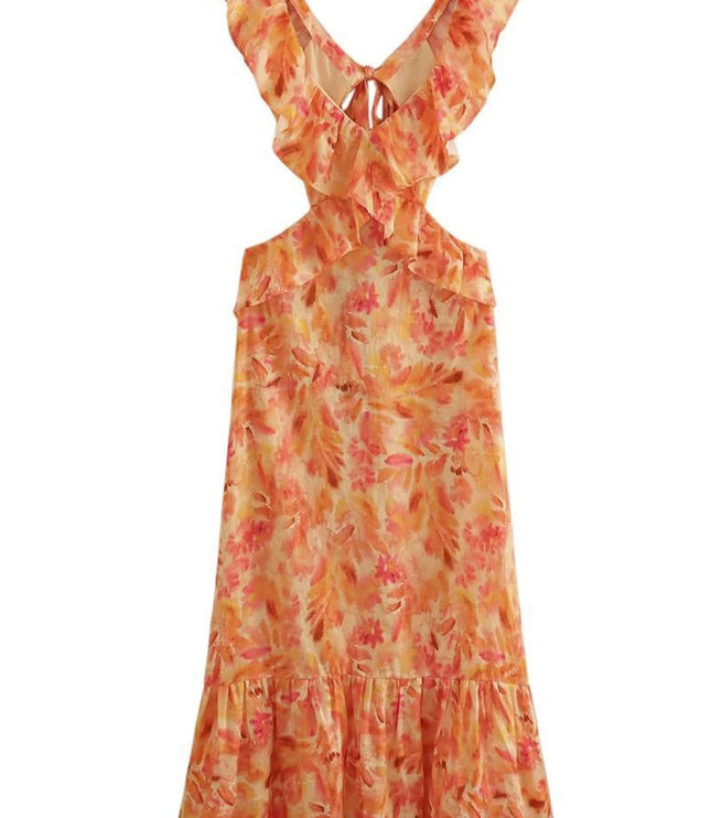 Orange floral V neck maxi dress on white background with ruffle sleeves and tiered hem
