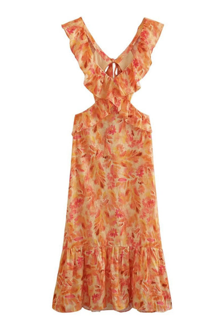 Orange floral V neck maxi dress on white background with ruffle sleeves and tiered hem