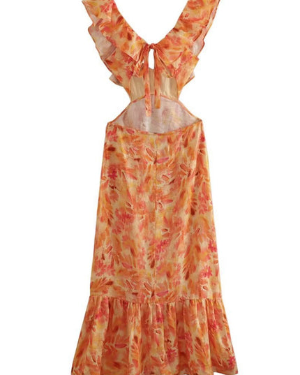 Back of orange floral V neck maxi dress on white background with open back tie detail