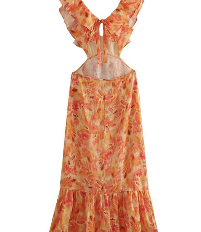 Back of orange floral V neck maxi dress on white background with open back tie detail