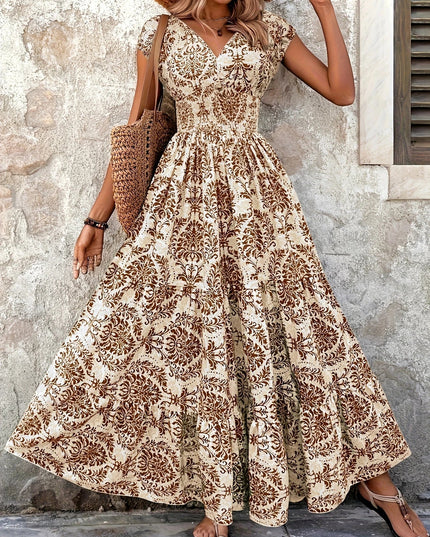 Women's summer floral V-neck shirred maxi sundress in light beige with brown floral print and cap sleeves.