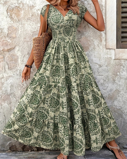 Women's summer floral V-neck shirred maxi sundress in sage green with cap sleeves and a tiered skirt.