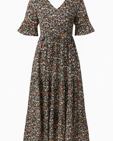 Front view of black floral midi dress with v-neckline and flutter sleeves