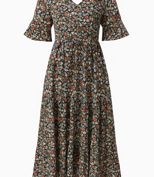 Front view of black floral midi dress with v-neckline and flutter sleeves