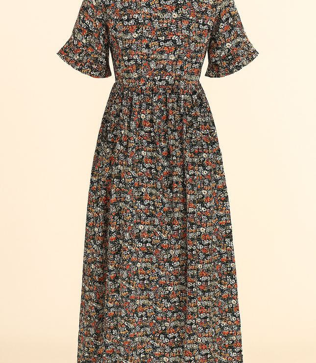 Back view of black floral midi dress showing gathered waist and flutter sleeves
