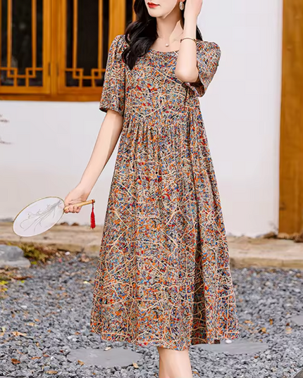 Rust and multicolor floral midi dress with short flutter sleeves