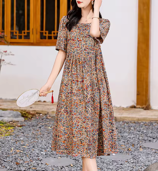 Rust and multicolor floral midi dress with short flutter sleeves