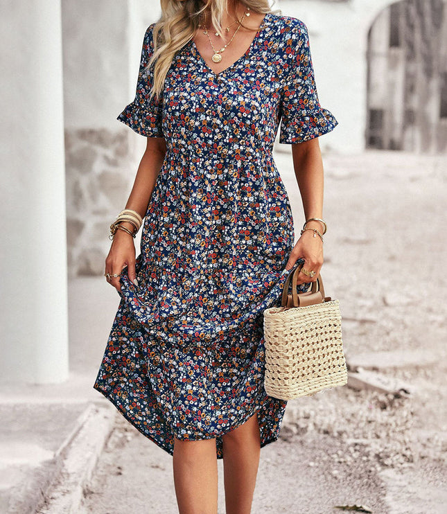 Navy blue floral midi dress with v-neckline and short sleeves