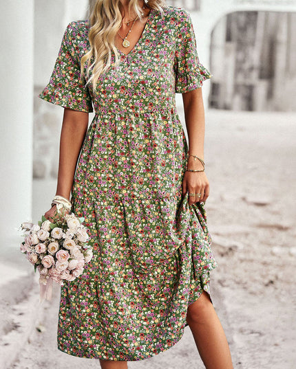 Green and pink floral midi dress with flutter sleeves and v-neck