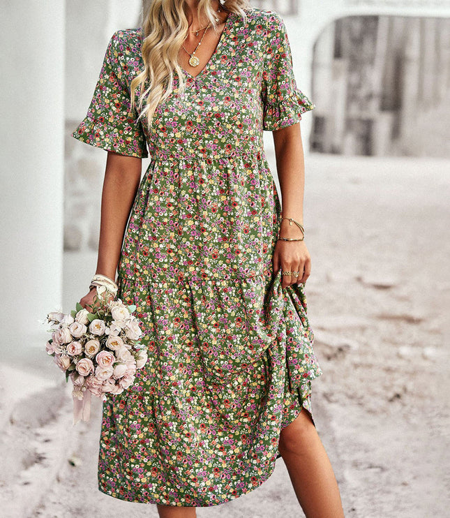 Green and pink floral midi dress with flutter sleeves and v-neck