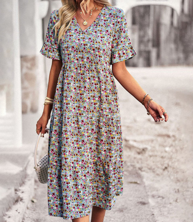 Light blue multicolor floral midi dress with short sleeves and v-neckline