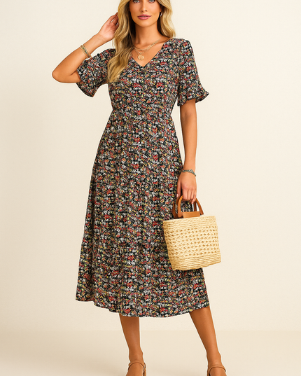 Black floral v-neck short sleeve midi dress with red and white flowers
