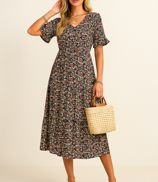Black floral v-neck short sleeve midi dress with red and white flowers