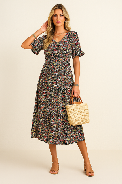 Black floral v-neck short sleeve midi dress with red and white flowers