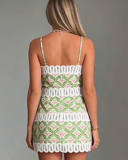 Back view of floral mini sundress with white eyelet lace bands