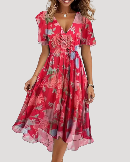 Red floral wrap midi dress with short sleeves, cinched waist and asymmetrical hem