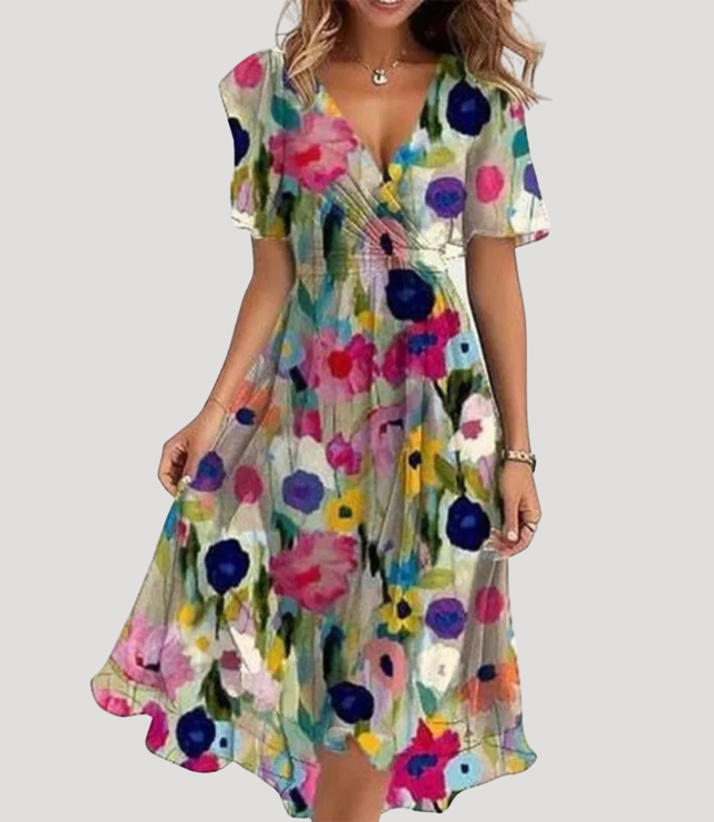 Multicolor floral wrap midi dress with V-neck, flutter sleeves and airy summer style