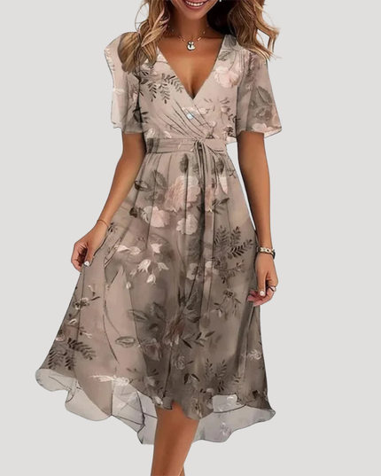 Taupe floral wrap midi dress with flutter sleeves, V-neck and high-low hem