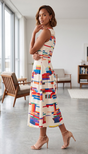 Side view of women's sleeveless geometric midi dress with fitted waist and multicolor print