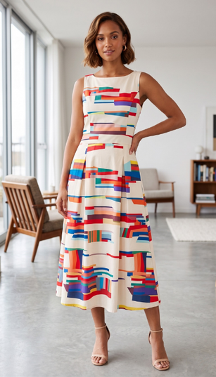 Women's sleeveless midi dress with colorful geometric stripes and flared skirt