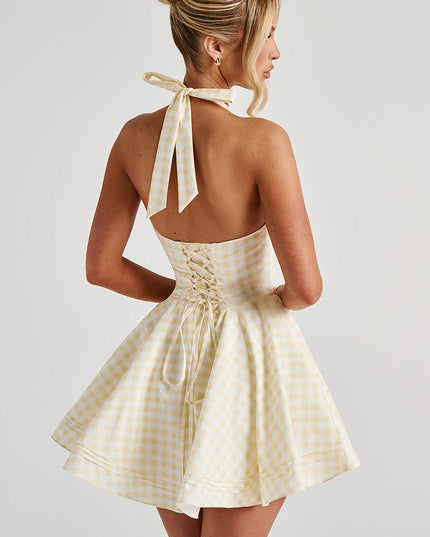 Vestido mini halter de verano con escote pronunciado de cuadros para mujer