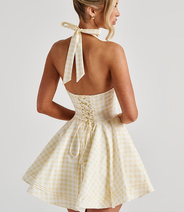 Vestido mini halter de verano con escote pronunciado de cuadros para mujer