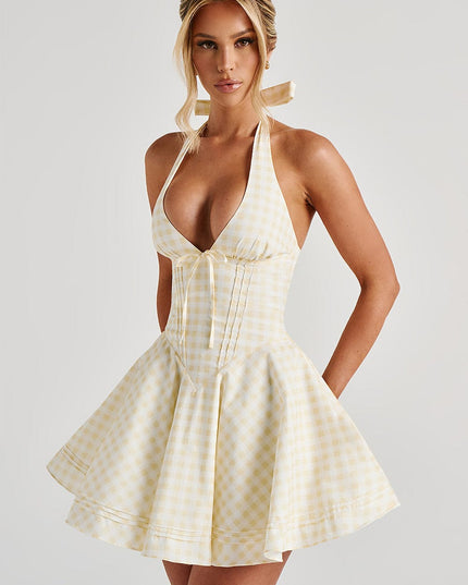 Vestido mini halter de verano con escote pronunciado de cuadros para mujer