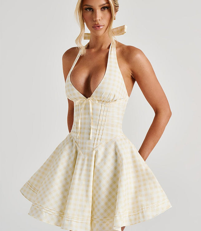 Vestido mini halter de verano con escote pronunciado de cuadros para mujer