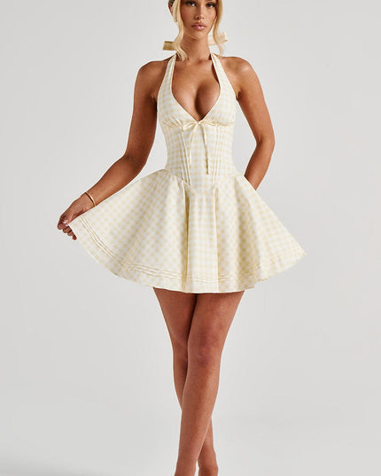 Vestido mini halter de verano con escote pronunciado de cuadros para mujer